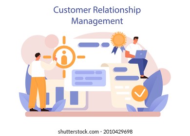 Conjunto de conceptos de gestión de relaciones con clientes o CRM. El cliente atrae y guía. Análisis de la experiencia y aprobación del cliente. Estrategia de marketing. Ilustración vectorial plana