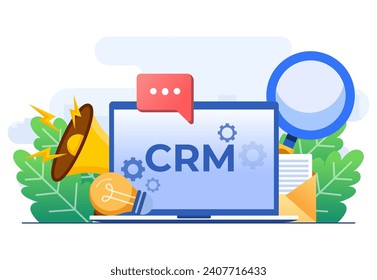 CRM, Customer Relationship Management Konzept, flache Vektorgrafik-Vorlage für Website-Banner, Organisation von Daten über die Arbeit mit Kunden, Unternehmensplanung, Business Data Analysis, Business Data Analysis