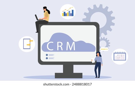 CRM - Customer relationship management concept. Businessman perform data analysis. Flat cartoon style Vector illustration.