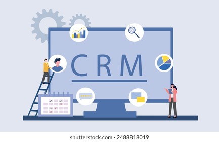CRM - Concepto de gestión de relaciones con el Cliente. Empresario realizar análisis de datos. Ilustración vectorial plana estilo dibujos animados.