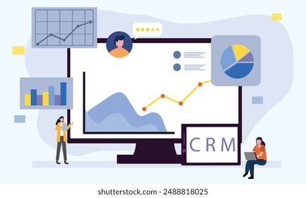 CRM - Kunde Relationship Management-Konzept. Geschäftsmann führt Datenanalyse durch. Flache Cartoon-Stil-Vektorillustration.