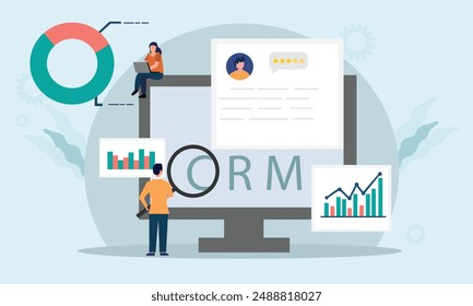 CRM - Kunde Relationship Management-Konzept. Geschäftsmann führt Datenanalyse durch. Flache Cartoon-Stil-Vektorillustration.