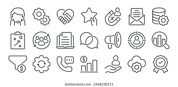 CRM customer relationship management editable stroke outline icon isolated on white background flat vector illustration. Pixel perfect. 64 x 64