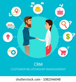 CRM : Customer relationship management. Flat icons of accounting system, clients, support, deal. Organization of data on work with clients, CRM concept. Vector illustration EPS10