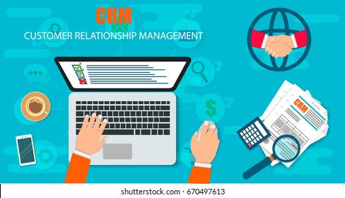 CRM : Customer relationship management. Flat icons of accounting system, clients, support, deal. Organization of data on work with clients, CRM concept. Vector illustration EPS10