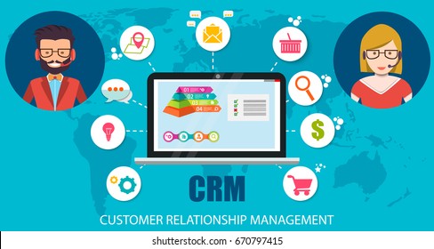 CRM : Customer relationship management. Flat icons of accounting system, clients, support, deal. Organization of data on work with clients, CRM concept. Vector illustration EPS10