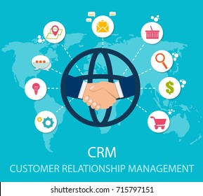 CRM : Customer Relationship Management. Flat Icons Of Accounting System, Clients, Support, Deal. Organization Of Data On Work With Clients, CRM Concept. Vector Illustration EPS10