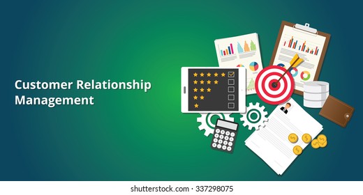 crm customer relationship management with goals, rating,  clipboard, graph and chart