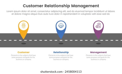 CRM customer relationship management infographic 3 point stage template with tagging pin location marker on roadway for slide presentation vector