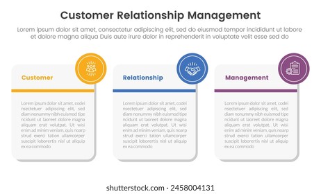 CRM customer relationship management infographic 3 point stage template with big round square box for slide presentation vector