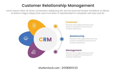 CRM customer relationship management infographic 3 point stage template with circle and wings shape dot connection for slide presentation vector