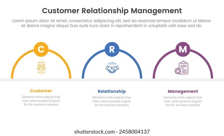 CRM customer relationship management infographic 3 point stage template with half circle shape outline with badge for slide presentation vector