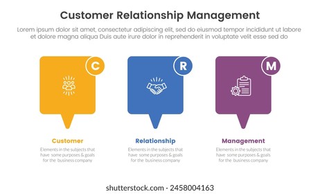 CRM customer relationship management infographic 3 point stage template with callout box horizontal direction for slide presentation vector
