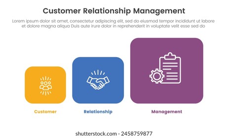 CRM customer relationship management infographic 3 point stage template with round square box on chart shape for slide presentation vector