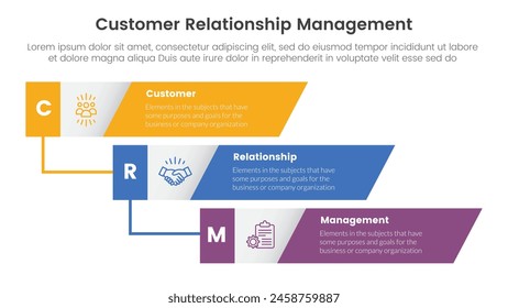 CRM customer relationship management infographic 3 point stage template with vertical timeline skew rectangle waterfall for slide presentation vector