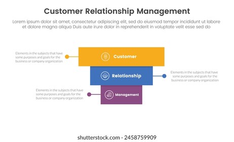 Infografía de gestión de relaciones con Clientes CRM Plantilla de etapa de 3 puntos con estructura de pirámide de bloque rectangular hacia atrás para Vector de presentación de diapositivas