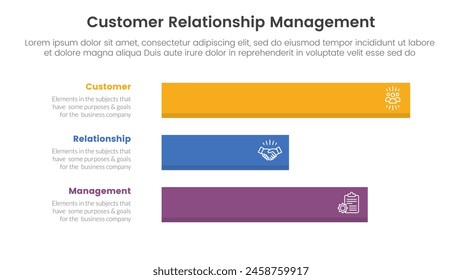CRM customer relationship management infographic 3 point stage template with horizontal long data box for slide presentation vector