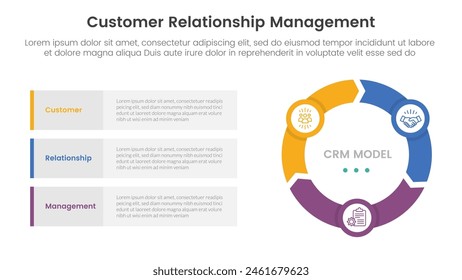 CRM customer relationship management infographic 3 point stage template with flywheel cycle circular and arrow shape for slide presentation vector