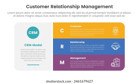 CRM customer relationship management infographic 3 point stage template with big round rectangle box with stack list for slide presentation vector