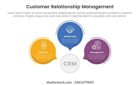 CRM customer relationship management infographic 3 point stage template with circle callout comment shape for slide presentation vector