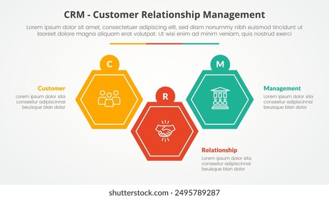 Concepto infográfico de gestión de relaciones con Clientes CRM para presentación de diapositivas con forma hexagonal arriba y abajo con lista de 3 puntos con Vector de estilo plano