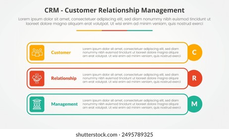 CRM customer relationship management infographic concept for slide presentation with outline rectangle box and circle edge with 3 point list with flat style vector