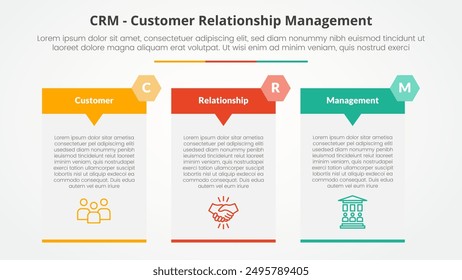 CRM customer relationship management infographic concept for slide presentation with big table arrow header badge with 3 point list with flat style vector