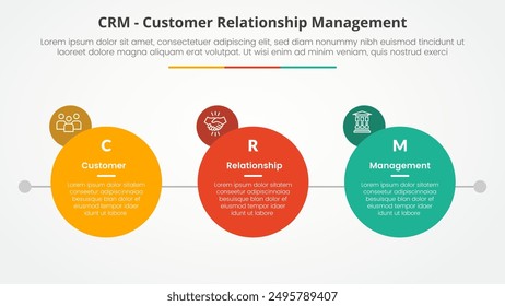CRM customer relationship management infographic concept for slide presentation with big circle with small circle badge on side with 3 point list with flat style vector