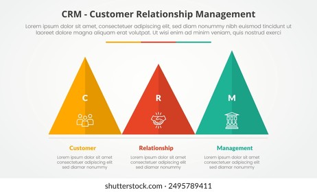 CRM customer relationship management infographic concept for slide presentation with triangle pyramid shape horizontal with 3 point list with flat style vector