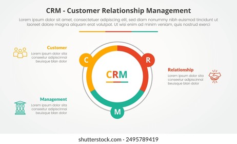 CRM customer relationship management infographic concept for slide presentation with big circle piechart outline with 3 point list with flat style vector