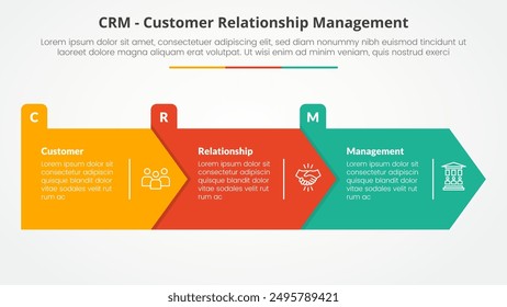 CRM customer relationship management infographic concept for slide presentation with big arrow rectangle shape right direction with 3 point list with flat style vector