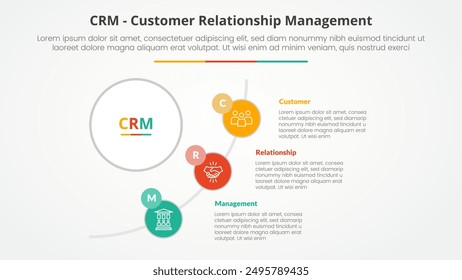 CRM customer relationship management infographic concept for slide presentation with big circle and half circle line connection with 3 point list with flat style vector