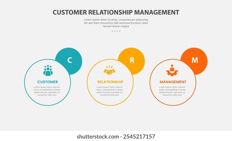 Gerenciamento de relacionamento com o cliente CRM infográfico estilo de estrutura de tópicos com modelo de 3 pontos com círculo horizontal e crachá ao lado para vetor de apresentação de slides