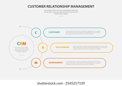 CRM customer relationship management infographic outline style with 3 point template with circle center and half spreading with round rectangle container for slide presentation vector