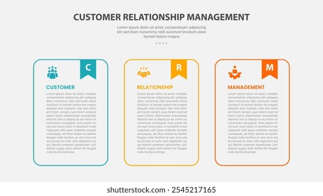 CRM customer relationship management infographic outline style with 3 point template with round container table with bookmark header for slide presentation vector
