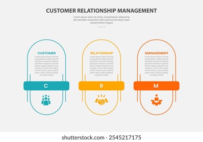 Gerenciamento de relacionamento com o cliente CRM infográfico estilo de estrutura de tópicos com modelo de 3 pontos com retângulo arredondado vertical com emblema de título horizontal para vetor de apresentação de slides