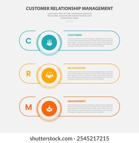 Gerenciamento de relacionamento com o cliente CRM infográfico estilo de contorno com modelo de 3 pontos com forma de retângulo redondo longo com layout vertical de pilha para vetor de apresentação de slides