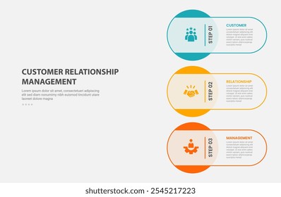 Gerenciamento de relacionamento com o cliente CRM infográfico estilo de contorno com modelo de 3 pontos com grande círculo empilhando no layout vertical para apresentação de slide vetor