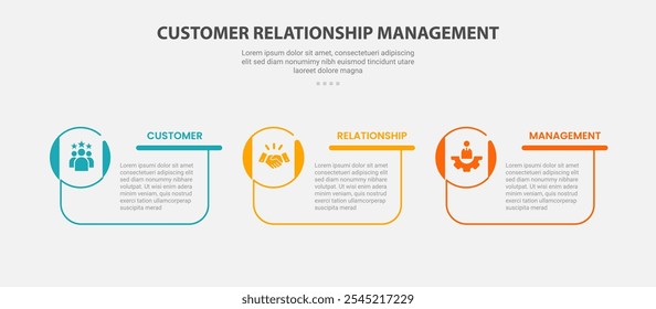 Gerenciamento de relacionamento com o cliente CRM infográfico estilo de estrutura de tópicos com modelo de 3 pontos com contêiner caixa criativa com ícone de círculo na borda para vetor de apresentação de slide