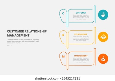 Gerenciamento de relacionamento com o cliente CRM infográfico estilo de estrutura de tópicos com modelo de 3 pontos com estrutura de tópicos de tabela criativa e círculo na borda para vetor de apresentação de slides