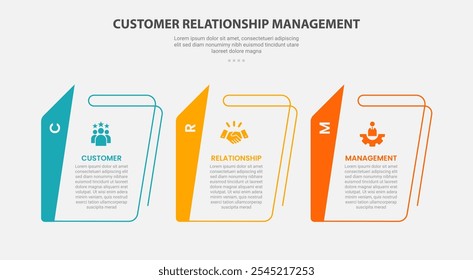 CRM customer relationship management infographic outline style with 3 point template with creative table with sharp vertical header for slide presentation vector