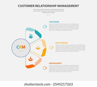 CRM customer relationship management infographic outline style with 3 point template with half circle shape like fan shape for slide presentation vector