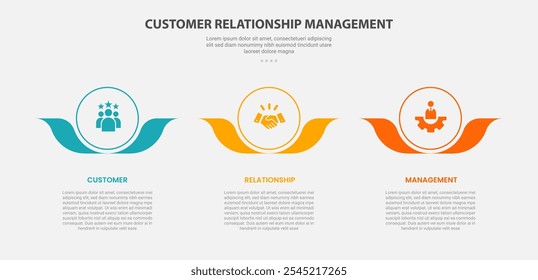 CRM customer relationship management infographic outline style with 3 point template with big circle and flower leaf accessories at bottom for slide presentation vector