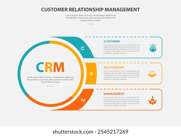 CRM customer relationship management infographic outline style with 3 point template with big circle and fluid rectangle box container for slide presentation vector