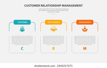 CRM Customer Relationship Management Infografik Gliederungsstil mit 3-Punkt-Vorlage mit Slice Table Box Container mit gepunkteter Linie für Folienpräsentationsvektor