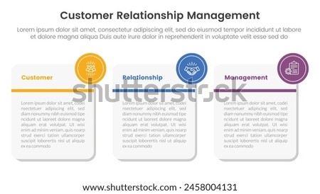 CRM customer relationship management infographic 3 point stage template with big round square box for slide presentation vector