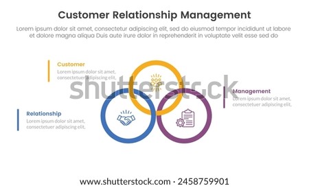 CRM customer relationship management infographic 3 point stage template with big circle outline union or joined on center for slide presentation vector