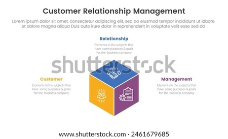 CRM customer relationship management infographic 3 point stage template with 3d box shape center for slide presentation vector