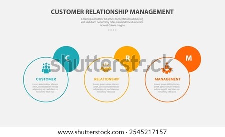 CRM customer relationship management infographic outline style with 3 point template with horizontal circle and badge on side for slide presentation vector