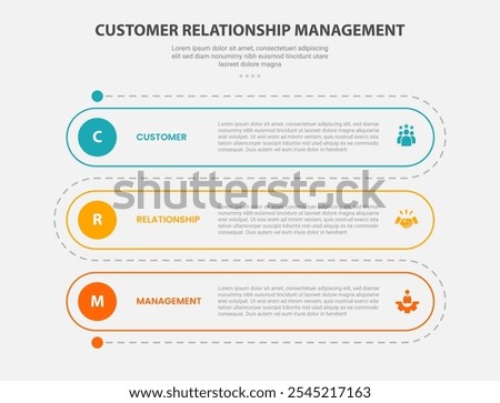 CRM customer relationship management infographic outline style with 3 point template with round rectangle vertical roadway for slide presentation vector